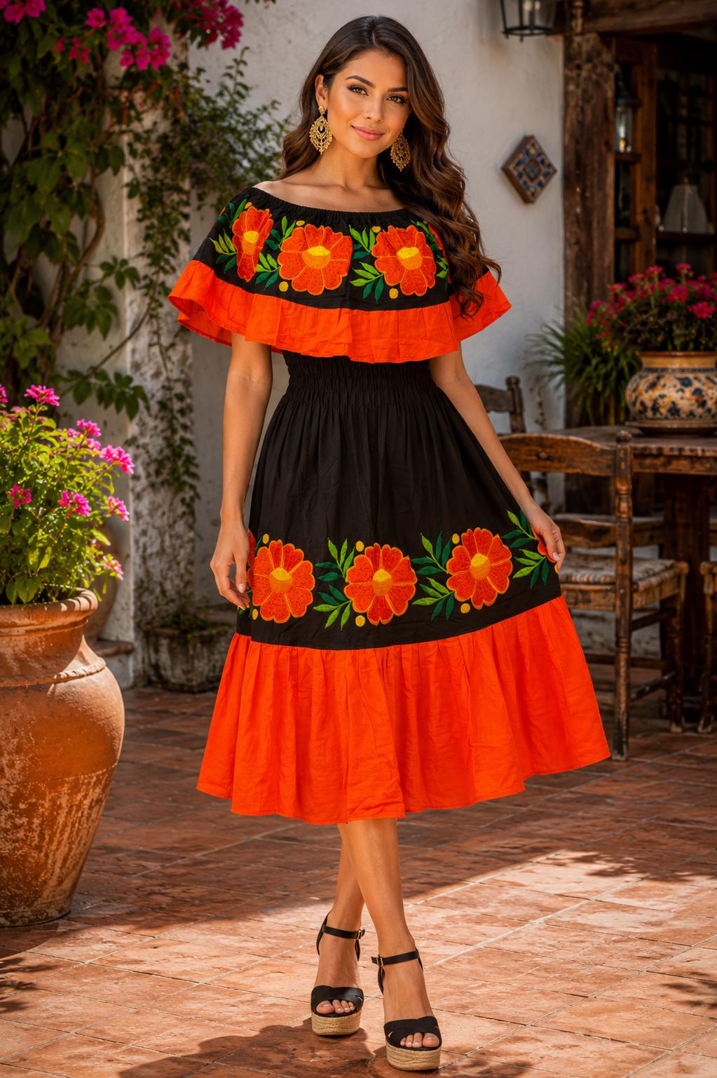 Image of Authentic Mexican Embroidered Día de Muertos Dress | Black Orange Floral Dress | Handmade Fiesta Dress | Folk Art Clothing