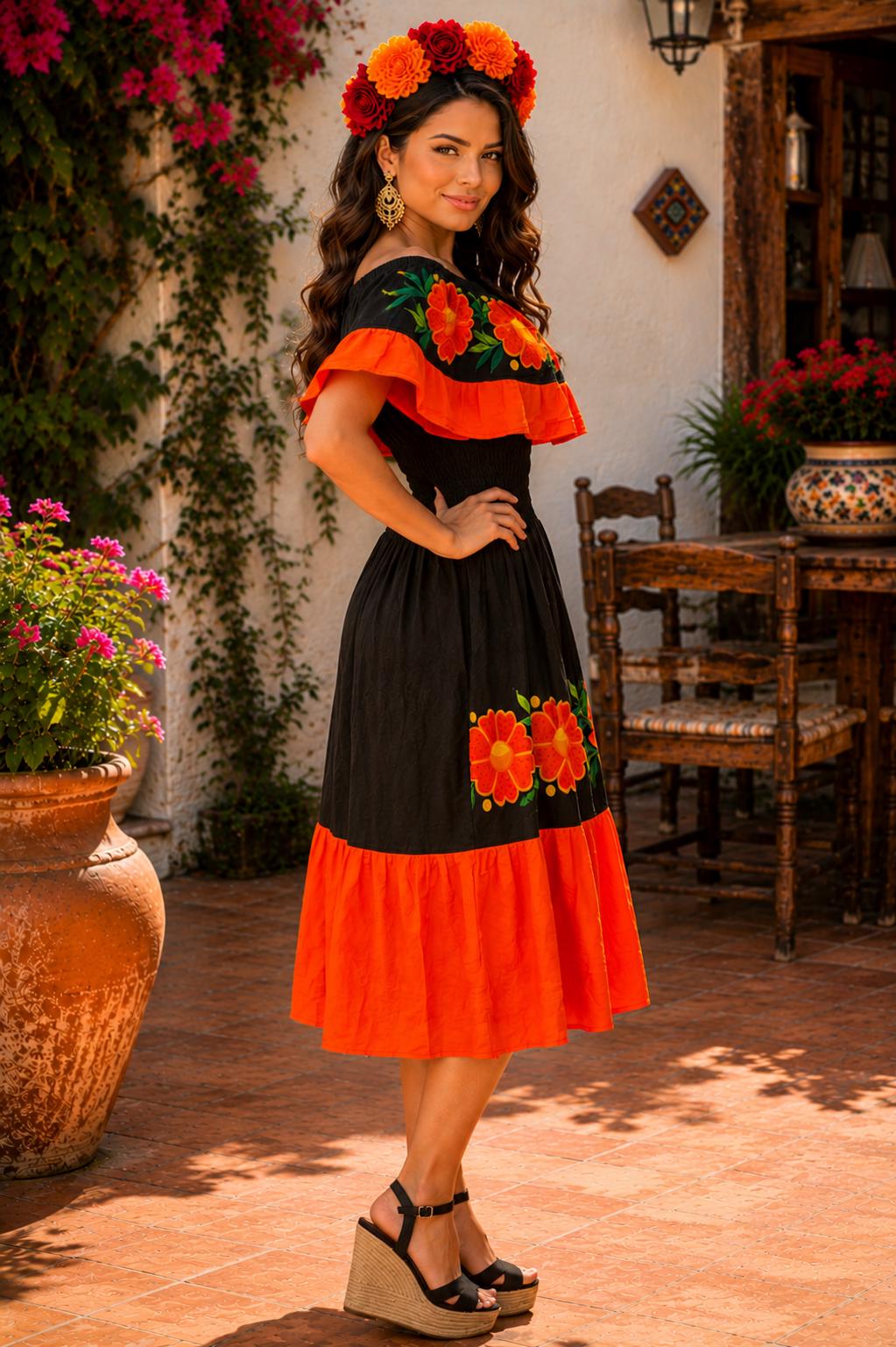 Image of Authentic Mexican Embroidered Día de Muertos Dress | Black Orange Floral Dress | Handmade Fiesta Dress | Folk Art Clothing