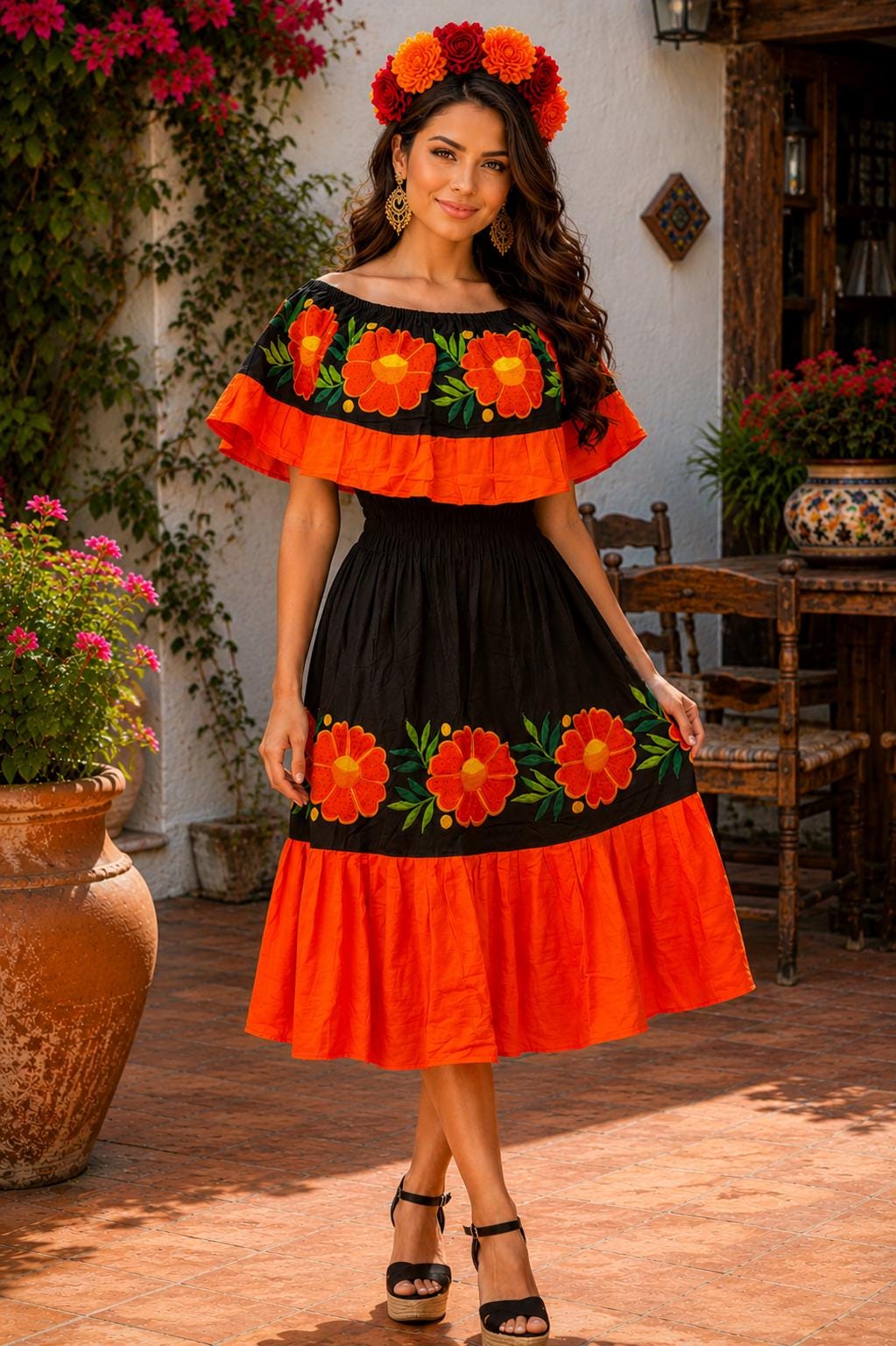 Image of Authentic Mexican Embroidered Día de Muertos Dress | Black Orange Floral Dress | Handmade Fiesta Dress | Folk Art Clothing