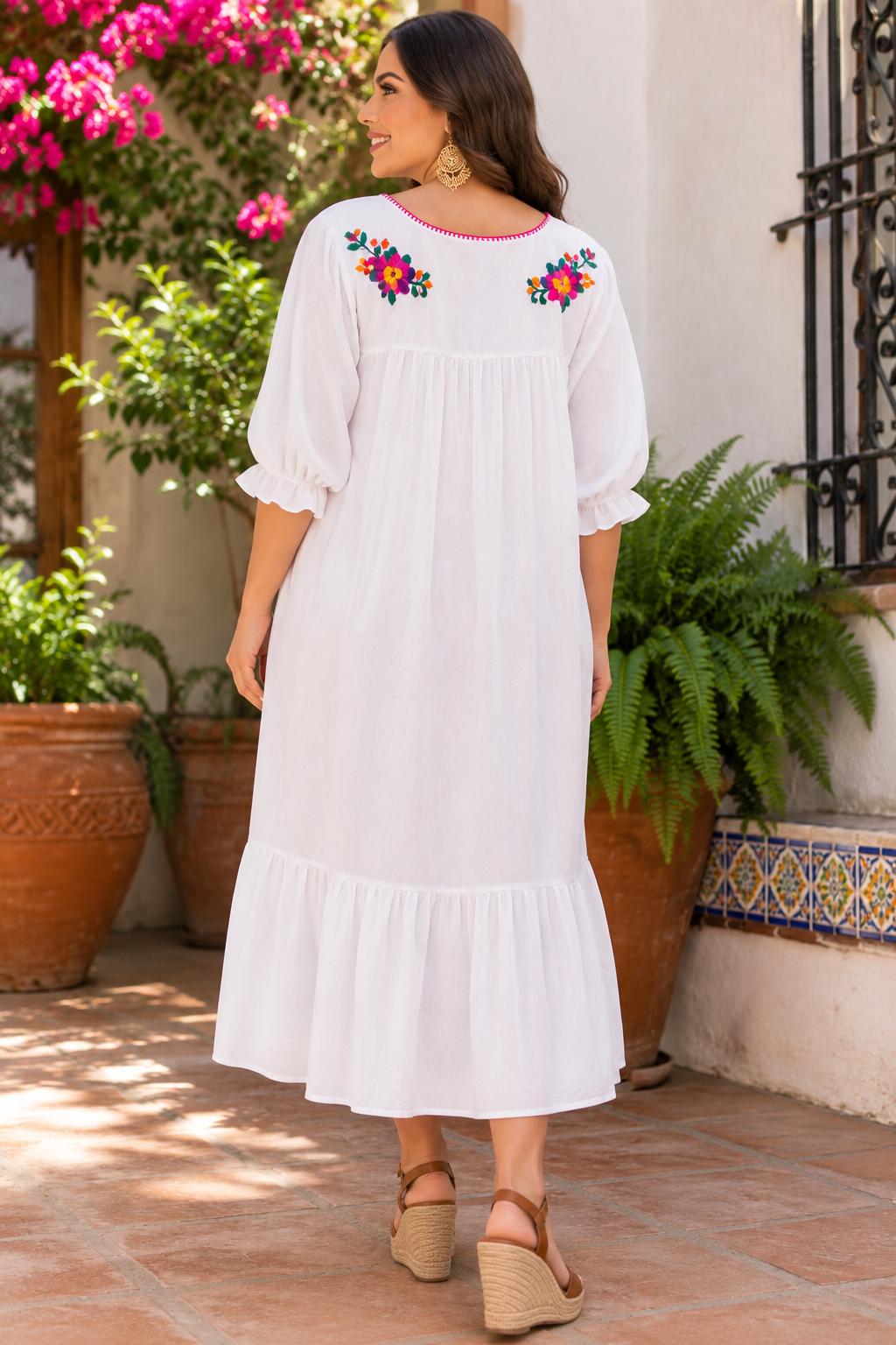 Image of Handmade Puebla Mexico Maternity Embroidered Maxi Dress | Baby Shower Dress | Resort Vacation Dress | Comfortable Pregnancy Dress | Muslin