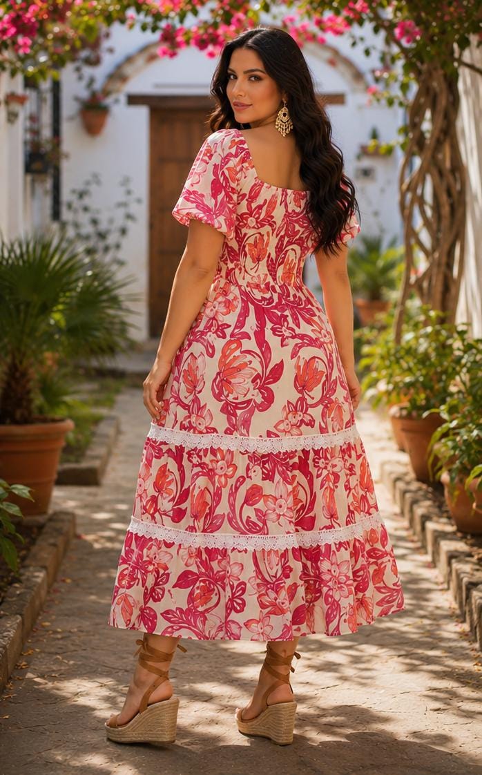 Image of Mexican Floral Dress – Red/Pinkish Floral print fabric Dress – Artisan Embroidered Rose Dress – Boho long Dress – Folk long Dress for Women