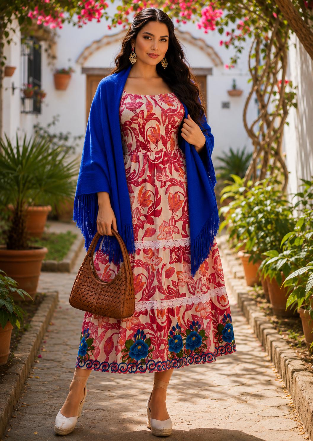Image of Mexican Floral Dress – Red/Pinkish Floral print fabric Dress – Artisan Embroidered Rose Dress – Boho long Dress – Folk long Dress for Women