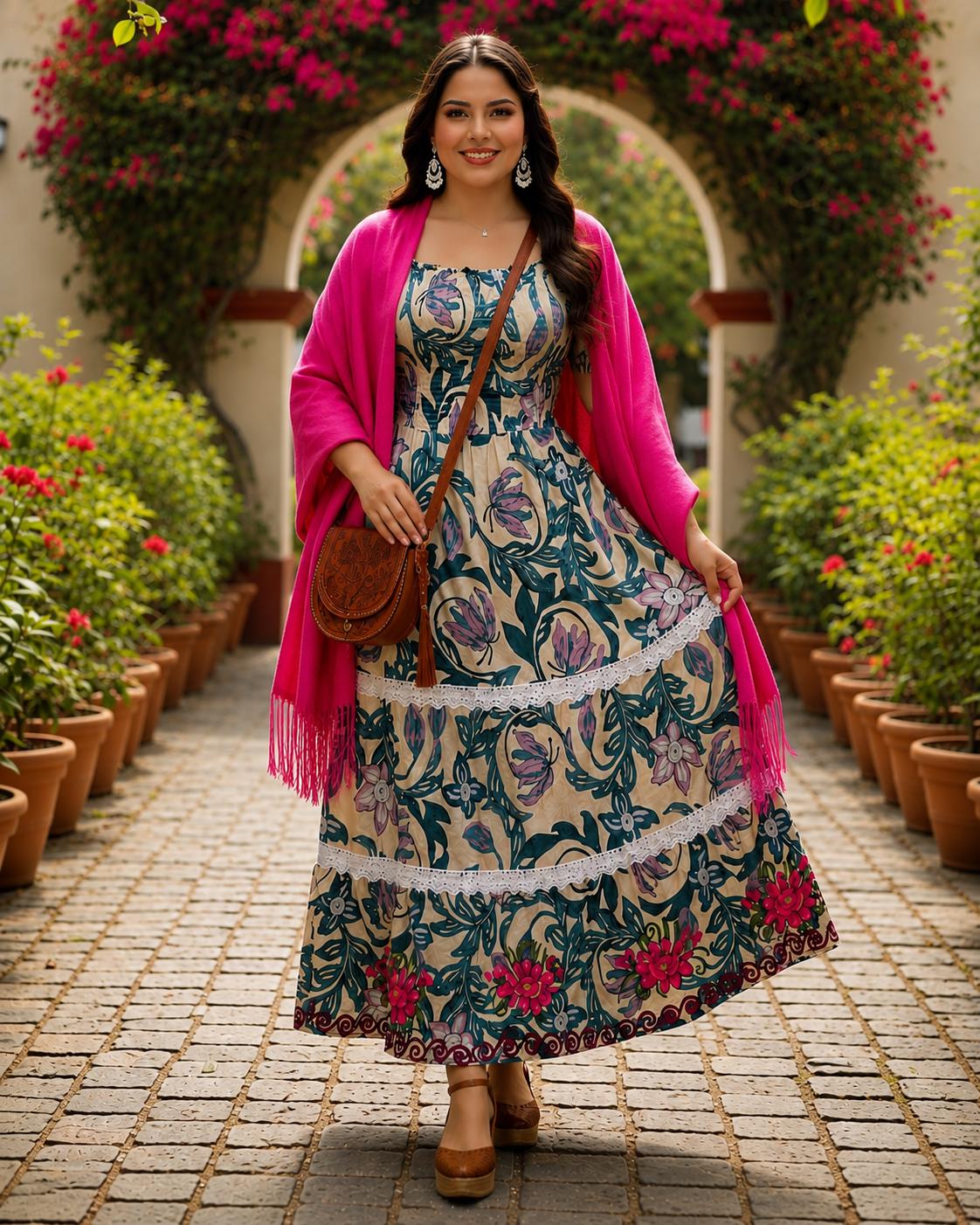 Image of Mexican Floral Dress – Teal/Greenish Floral print fabric Dress –Artisan Embroidered Rose Dress – Boho long Dress – Folk long Dress for Women