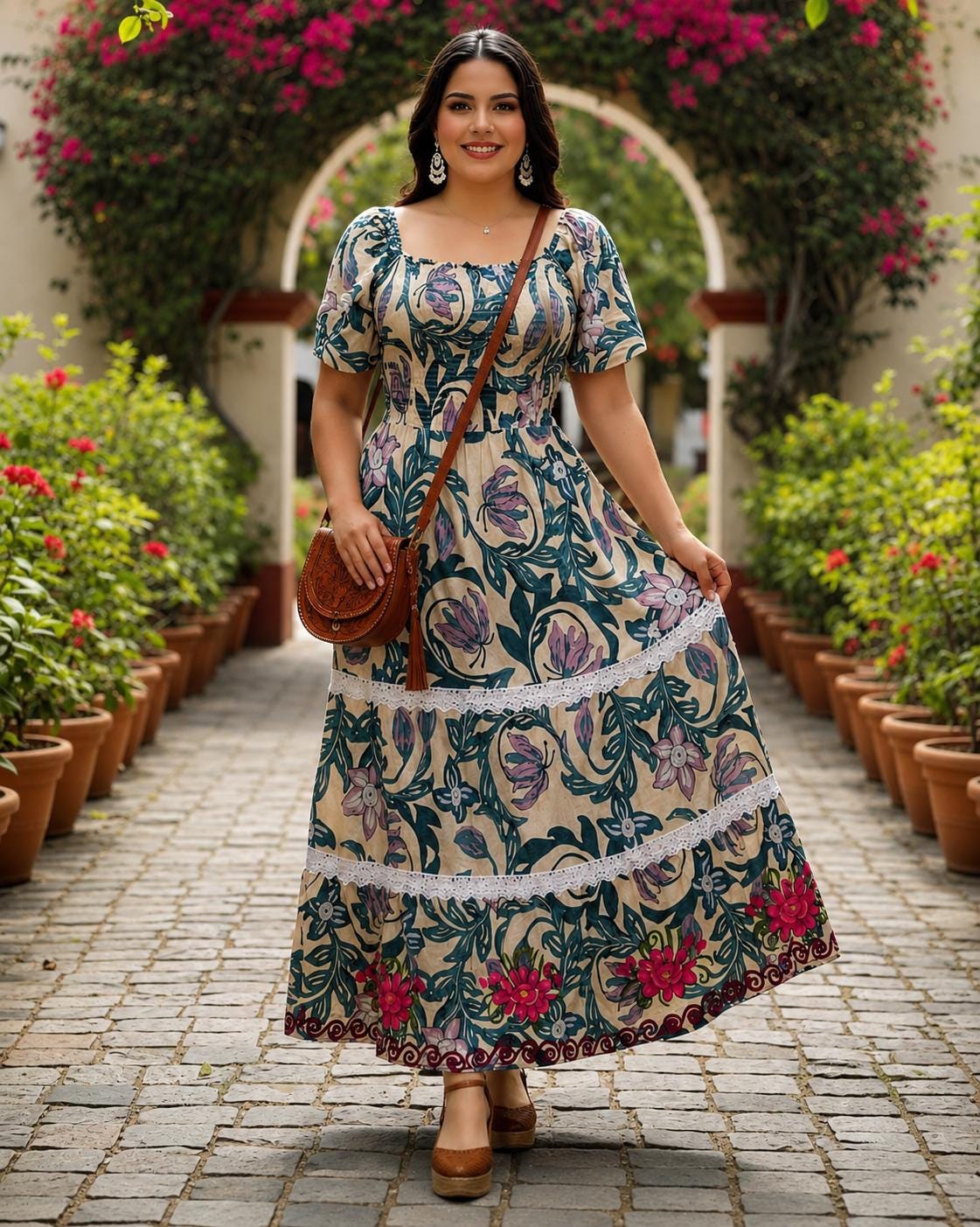 Image of Mexican Floral Dress – Teal/Greenish Floral print fabric Dress –Artisan Embroidered Rose Dress – Boho long Dress – Folk long Dress for Women