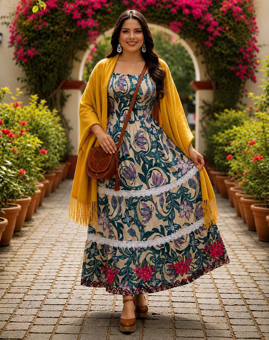 Image of Mexican Floral Dress – Teal/Greenish Floral print fabric Dress –Artisan Embroidered Rose Dress – Boho long Dress – Folk long Dress for Women