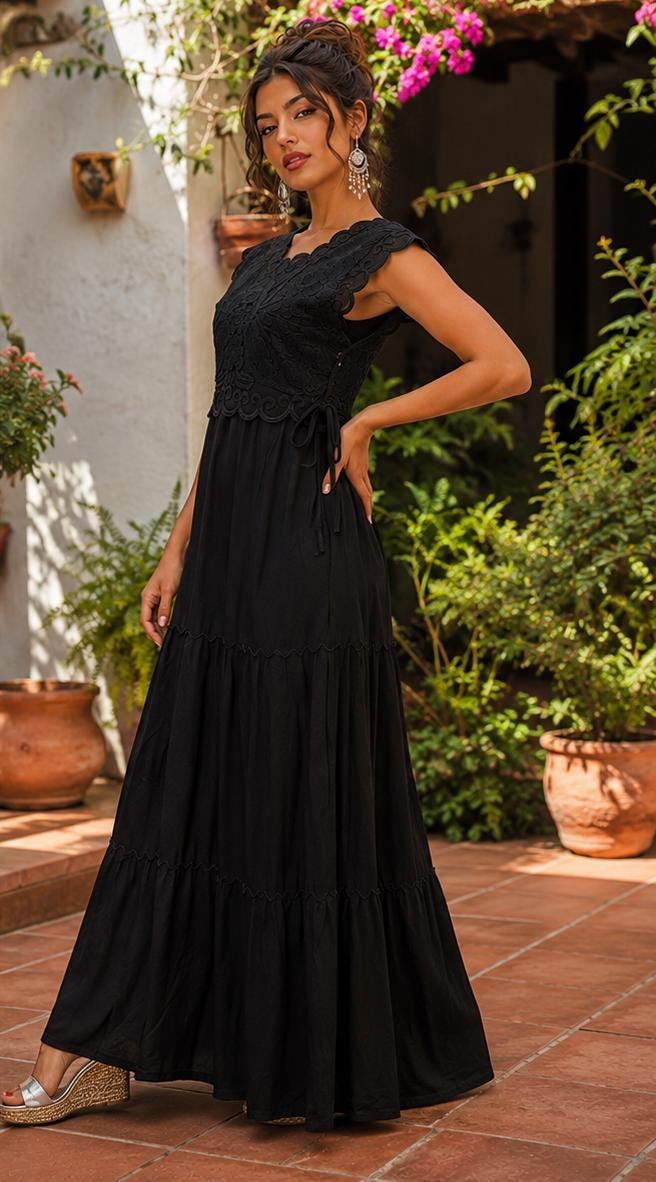 Image of Ximena – Handmade Black Oaxacan Huipil Dress | Artisan Mexican Embroidered Maxi Dress | Elegant Boho Fiesta Dress | Adjustable Waist