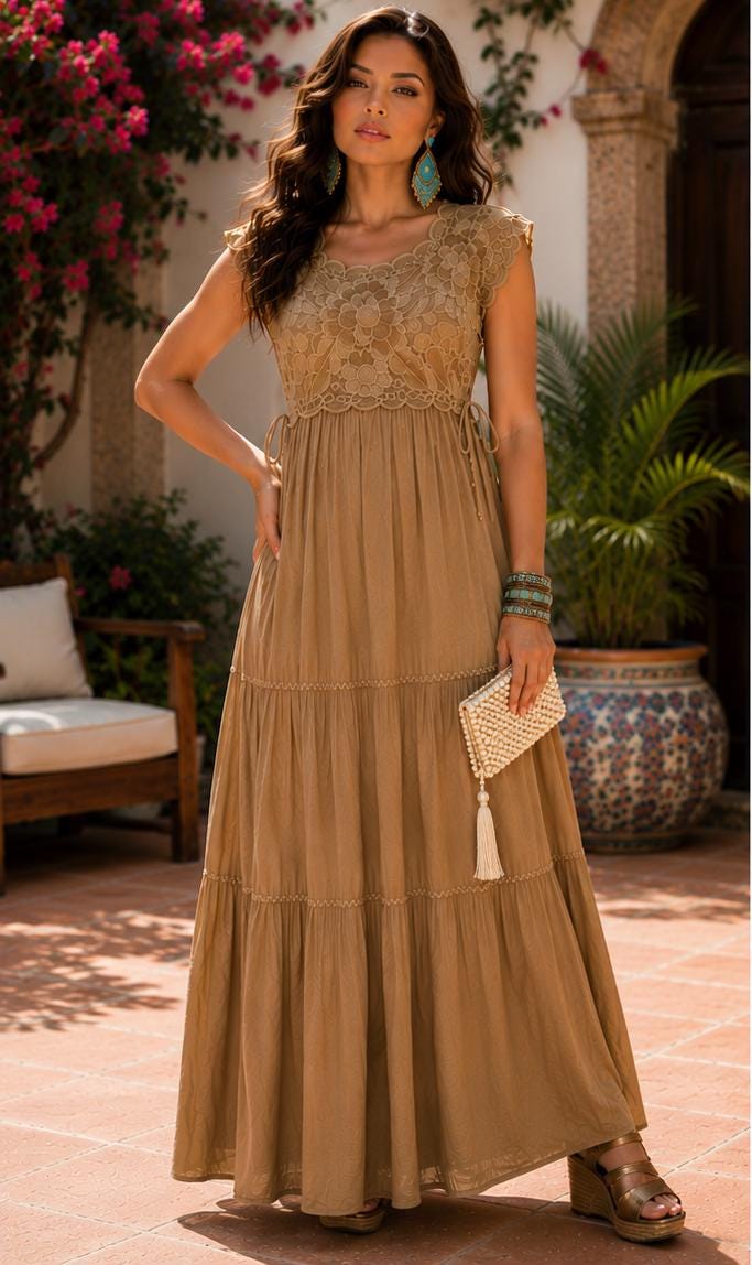 Image of Ximena – Handmade Khaki Oaxacan Huipil Dress | Artisan Mexican Embroidered Maxi Dress | Elegant Boho Fiesta Dress | Adjustable Waist