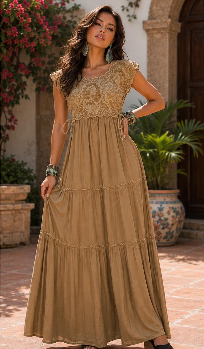 Image of Ximena – Handmade Khaki Oaxacan Huipil Dress | Artisan Mexican Embroidered Maxi Dress | Elegant Boho Fiesta Dress | Adjustable Waist