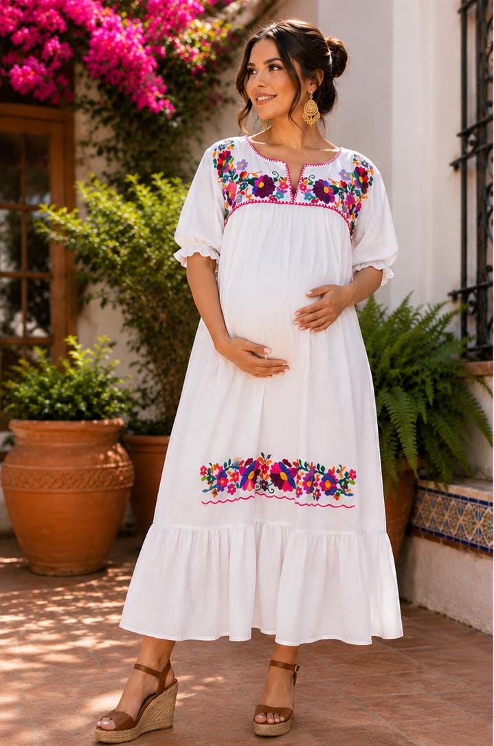 Image of Handmade Puebla Mexico Maternity Embroidered Maxi Dress | Baby Shower Dress | Resort Vacation Dress | Comfortable Pregnancy Dress | Muslin
