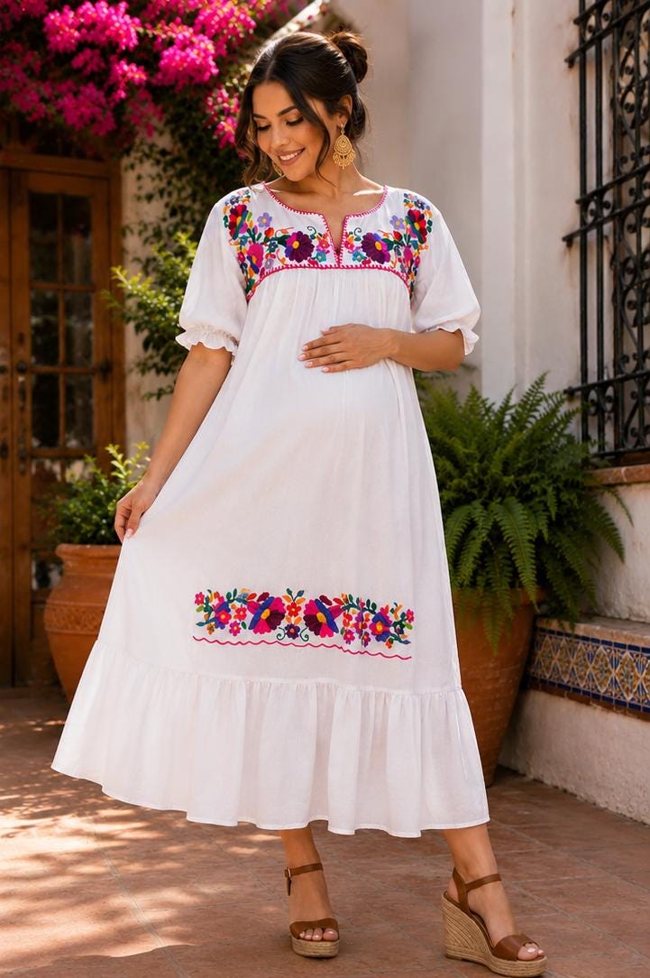 Image of Handmade Puebla Mexico Maternity Embroidered Maxi Dress | Baby Shower Dress | Resort Vacation Dress | Comfortable Pregnancy Dress | Muslin