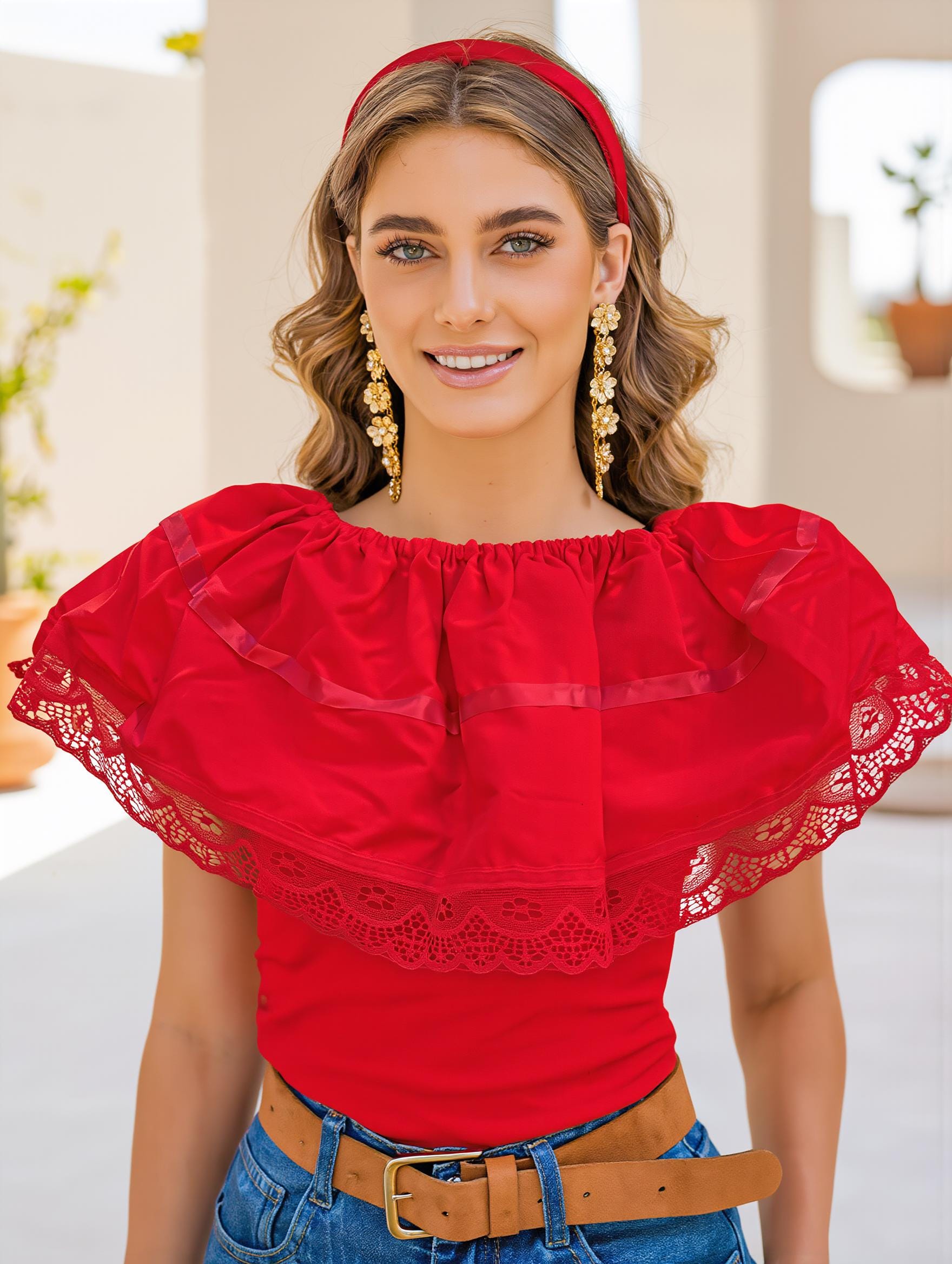 Image of Red Ruffled Peasant Blouse - Satin Ribbon and Lace Top - Beautiful Fiesta Blouse