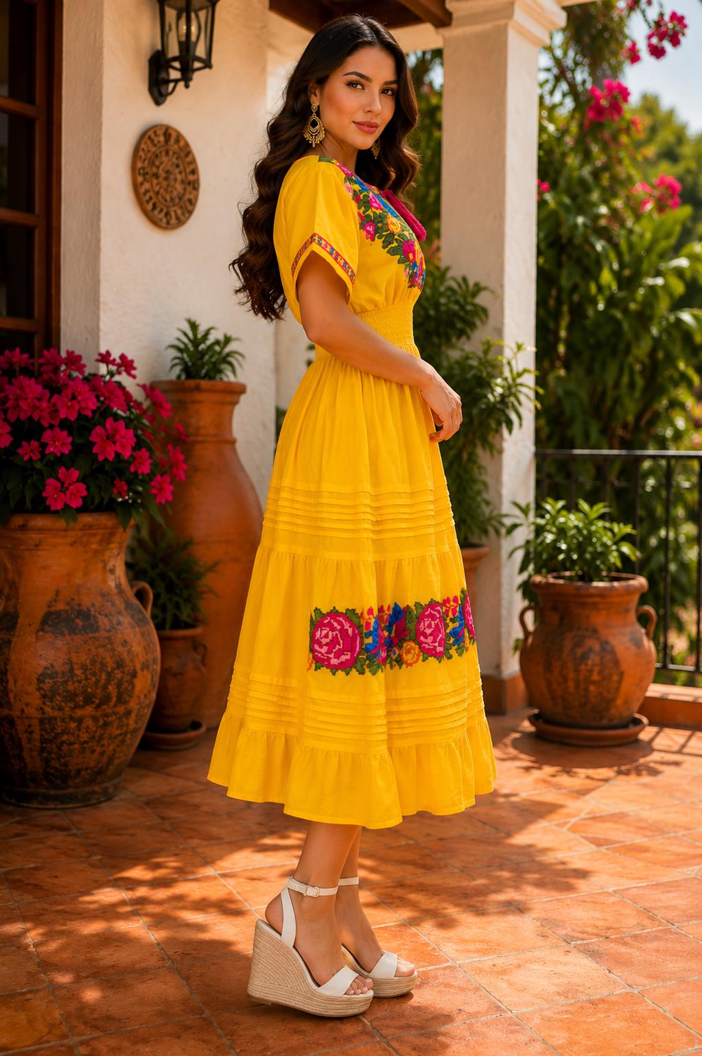 Image of Mexican Hand-Embroidered White Floral Maxi Dress – Artisan Cross-Stitch Boho Summer Dress