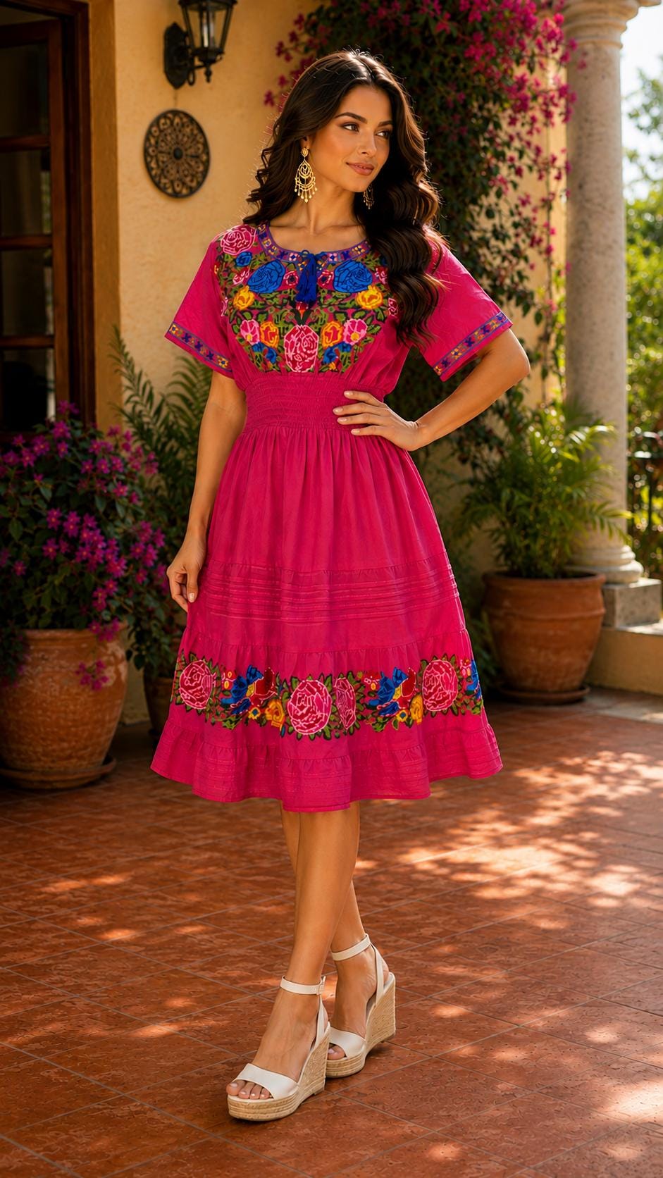 Image of Handmade Mexican Hot Pink Cross-Stitched Dress | Artisan Embroidered Cotton Dress | Traditional Floral Embroidery | Women's Boutique Fashion