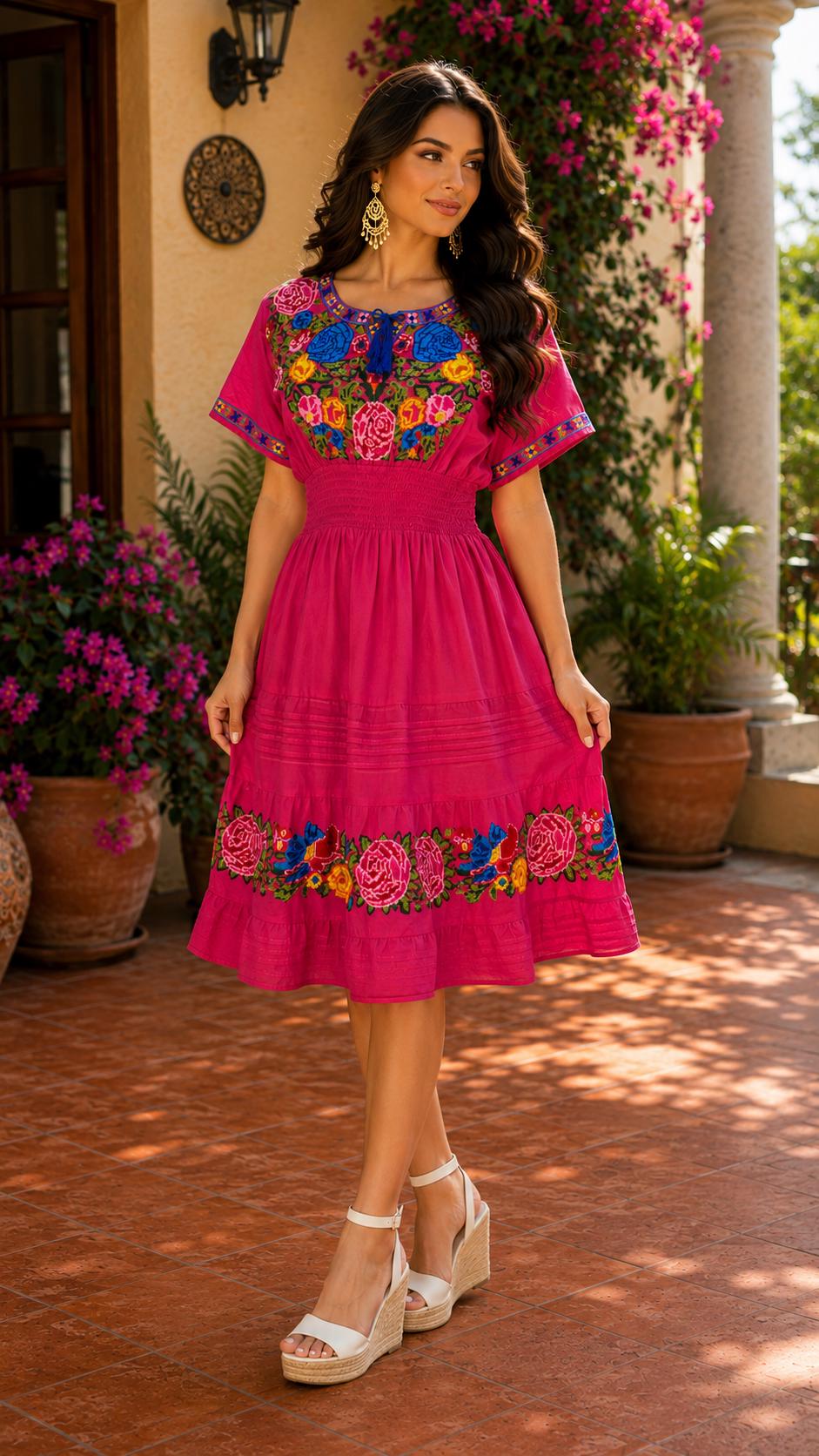 Image of Handmade Mexican Hot Pink Cross-Stitched Dress | Artisan Embroidered Cotton Dress | Traditional Floral Embroidery | Women's Boutique Fashion