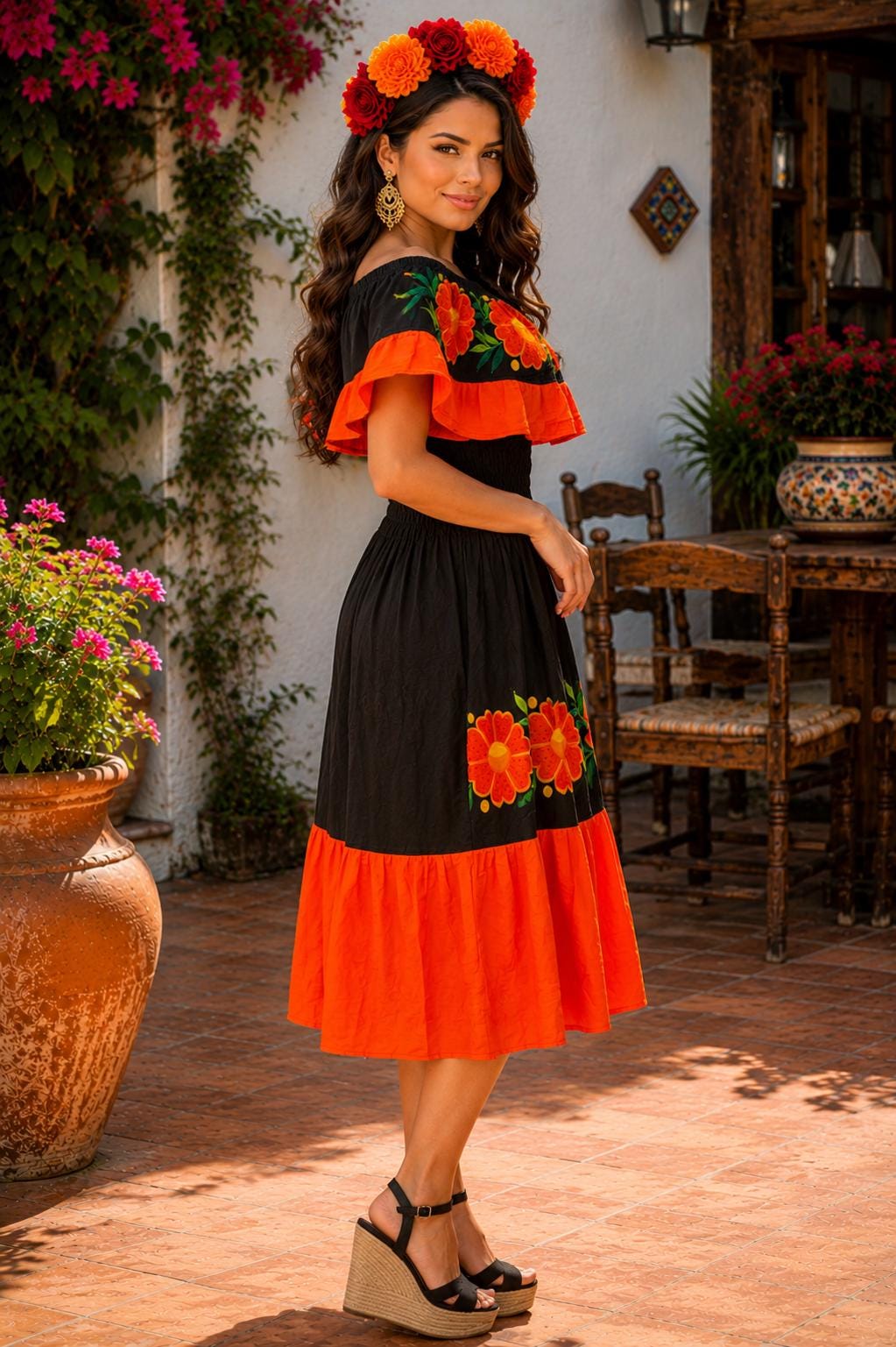 Image of Authentic Mexican Embroidered Día de Muertos Dress | Black Orange Floral Dress | Handmade Fiesta Dress | Folk Art Clothing