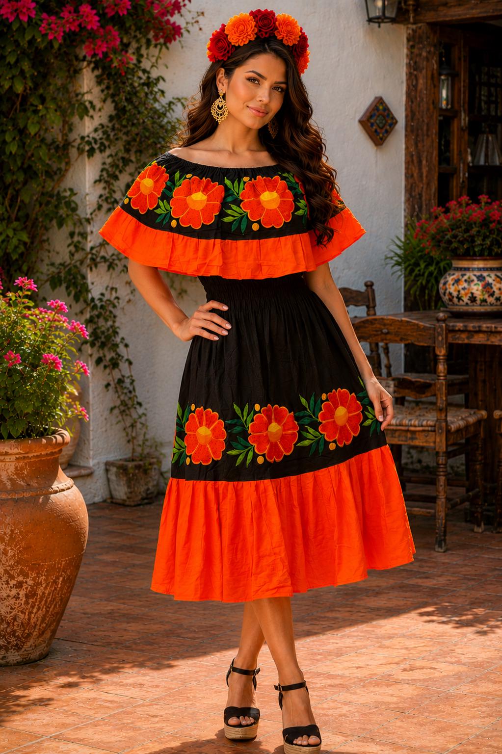 Image of Authentic Mexican Embroidered Día de Muertos Dress | Black Orange Floral Dress | Handmade Fiesta Dress | Folk Art Clothing