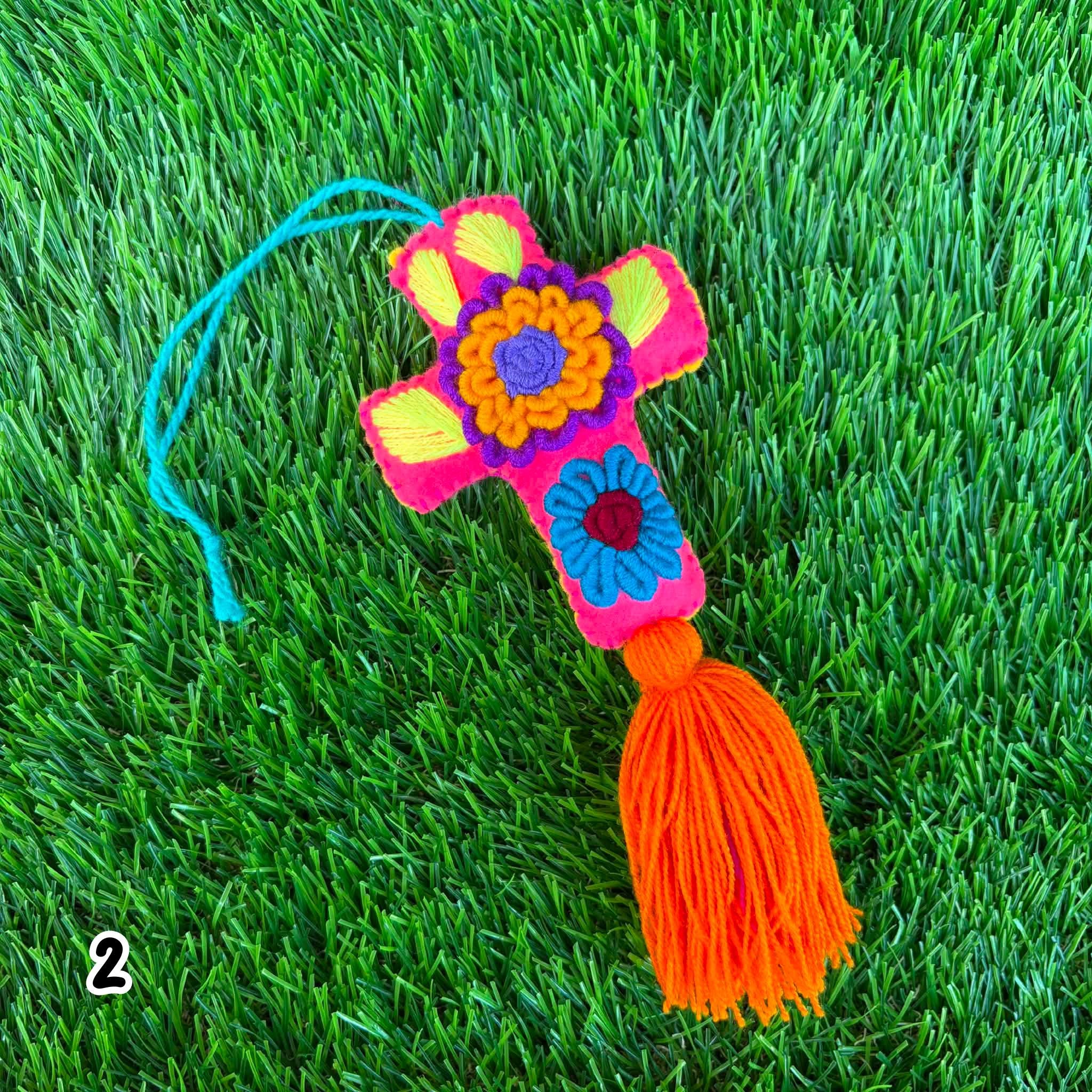 Image of Handmade Mexican Felt Embroidered Cross Bag Charm | Colorful Purse Tassel | Boho Bag Accessory | Rearview Mirror Charm | Gift Ideas