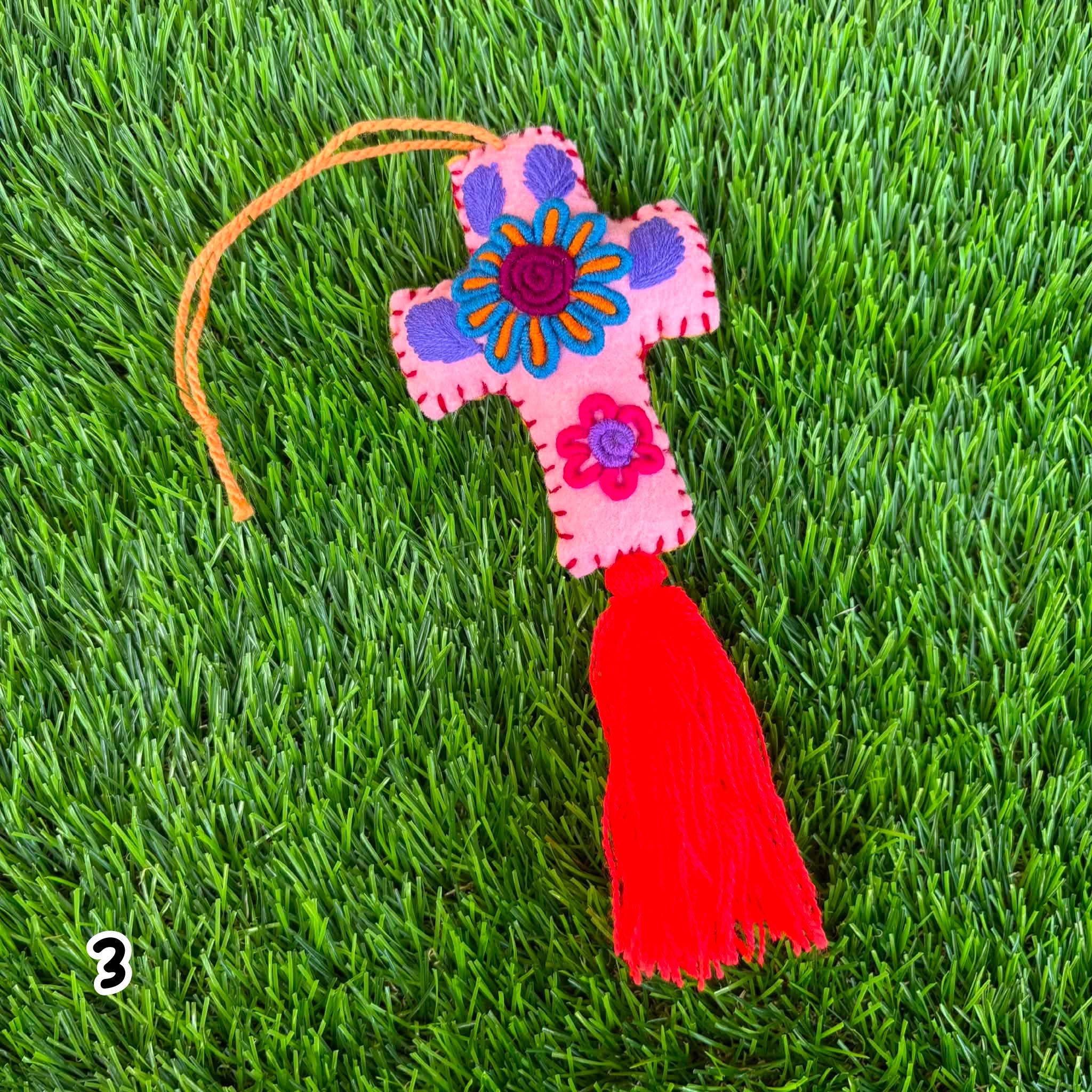 Image of Handmade Mexican Felt Embroidered Cross Bag Charm | Colorful Purse Tassel | Boho Bag Accessory | Rearview Mirror Charm | Gift Ideas