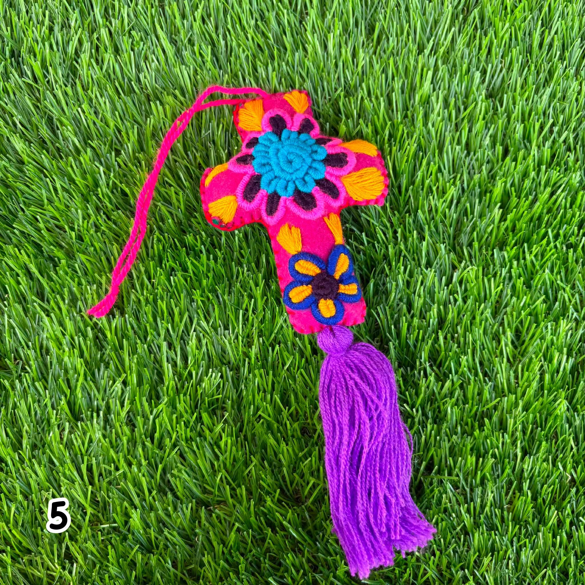 Image of Handmade Mexican Felt Embroidered Cross Bag Charm | Colorful Purse Tassel | Boho Bag Accessory | Rearview Mirror Charm | Gift Ideas