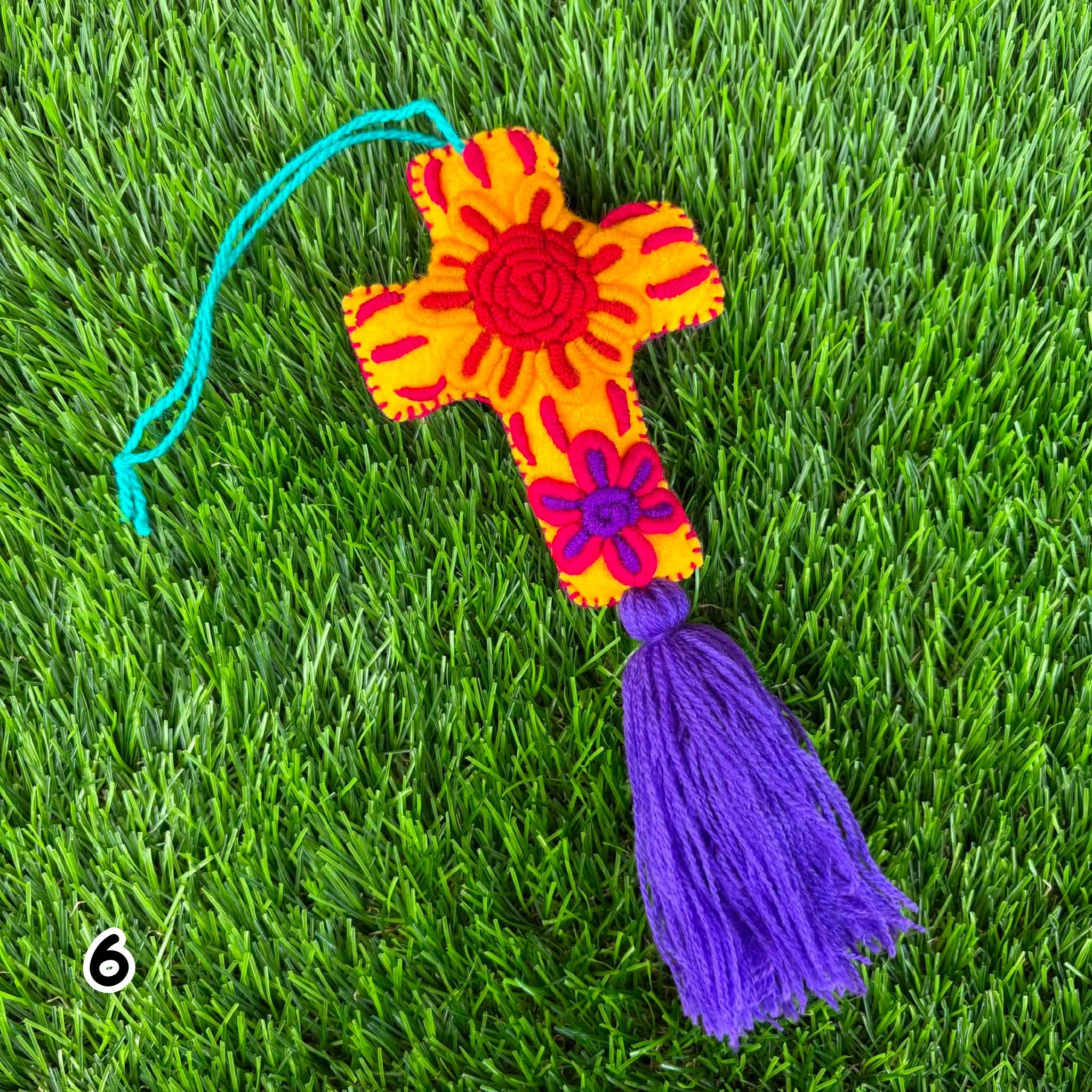 Image of Handmade Mexican Felt Embroidered Cross Bag Charm | Colorful Purse Tassel | Boho Bag Accessory | Rearview Mirror Charm | Gift Ideas