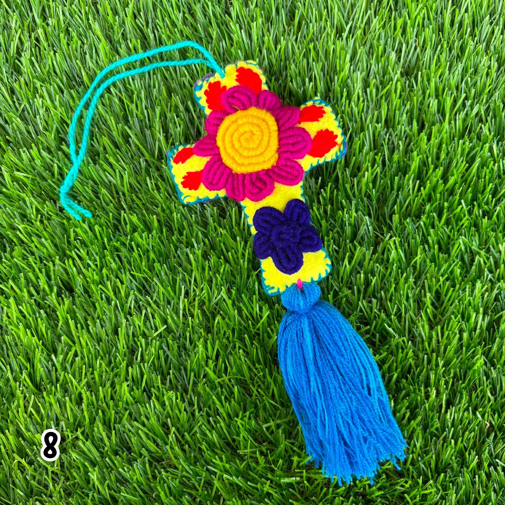 Image of Handmade Mexican Felt Embroidered Cross Bag Charm | Colorful Purse Tassel | Boho Bag Accessory | Rearview Mirror Charm | Gift Ideas