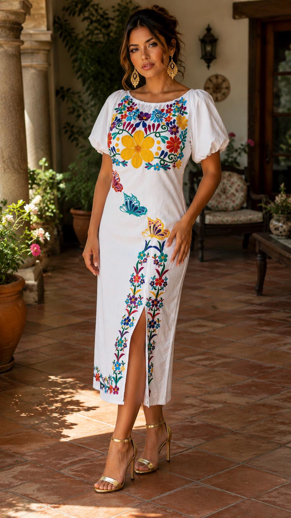 Image of Maggie-Beige – Authentic Embroidered Puebla Dress | Sleeveless Mexican Artisan Muslin Dress | Perfect for a Cocktail party