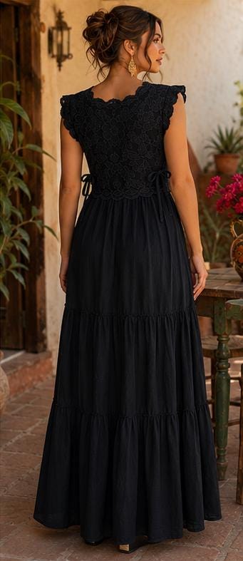 Image of Ximena – Handmade Black Oaxacan Huipil Dress | Artisan Mexican Embroidered Maxi Dress | Elegant Boho Fiesta Dress | Adjustable Waist