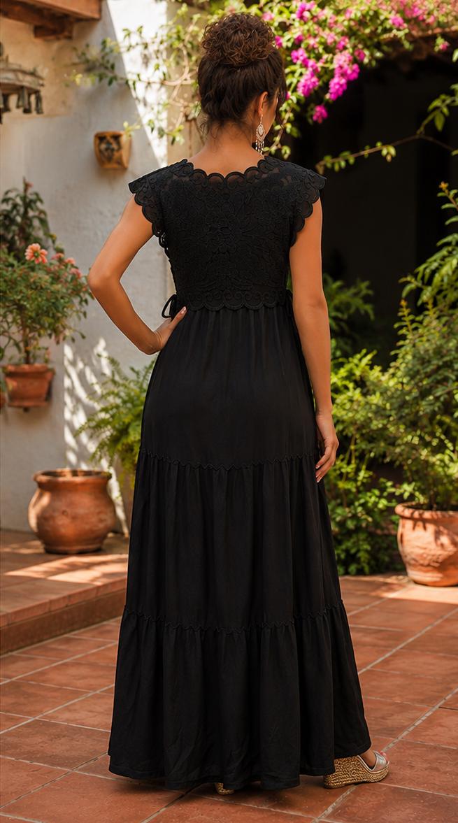 Image of Ximena – Handmade Black Oaxacan Huipil Dress | Artisan Mexican Embroidered Maxi Dress | Elegant Boho Fiesta Dress | Adjustable Waist