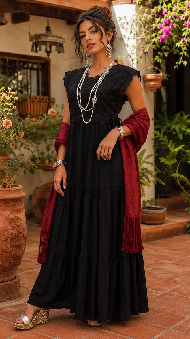 Image of Ximena – Handmade Black Oaxacan Huipil Dress | Artisan Mexican Embroidered Maxi Dress | Elegant Boho Fiesta Dress | Adjustable Waist