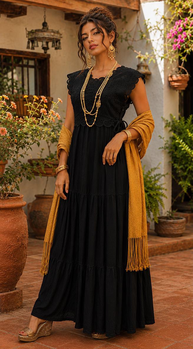 Image of Ximena – Handmade Black Oaxacan Huipil Dress | Artisan Mexican Embroidered Maxi Dress | Elegant Boho Fiesta Dress | Adjustable Waist
