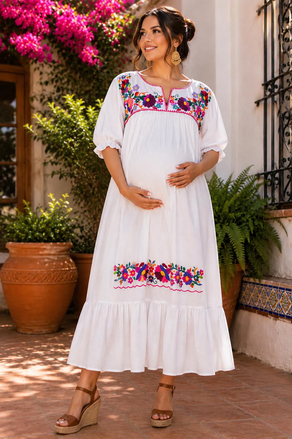 Image of Handmade Puebla Mexico Maternity Embroidered Maxi Dress | Baby Shower Dress | Resort Vacation Dress | Comfortable Pregnancy Dress | Muslin