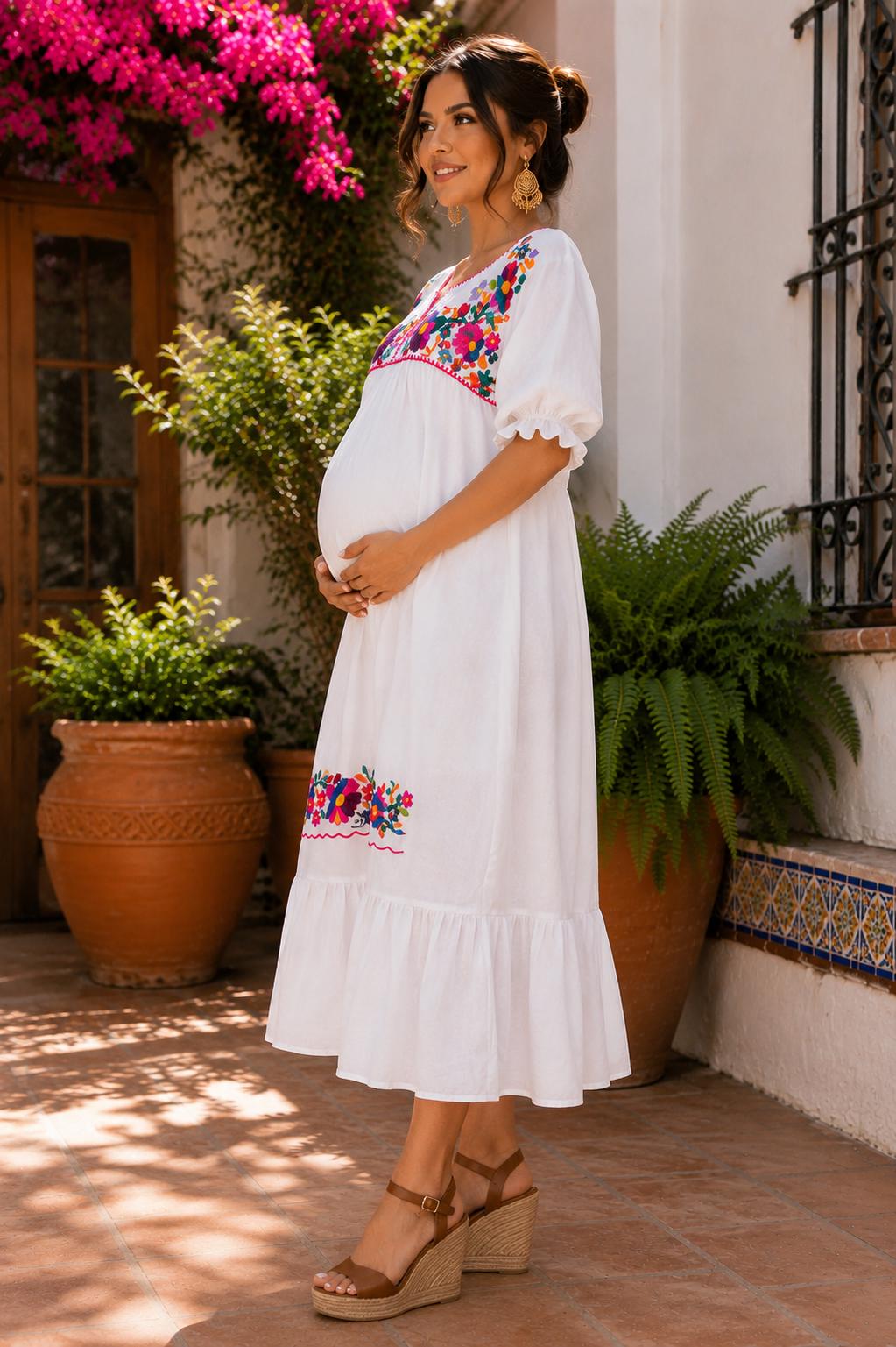 Image of Handmade Puebla Mexico Maternity Embroidered Maxi Dress | Baby Shower Dress | Resort Vacation Dress | Comfortable Pregnancy Dress | Muslin