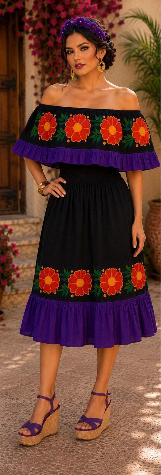 Image of Katrina - Authentic Mexican Embroidered Dress | Black & Purple Floral Folk Art Fiesta Wear