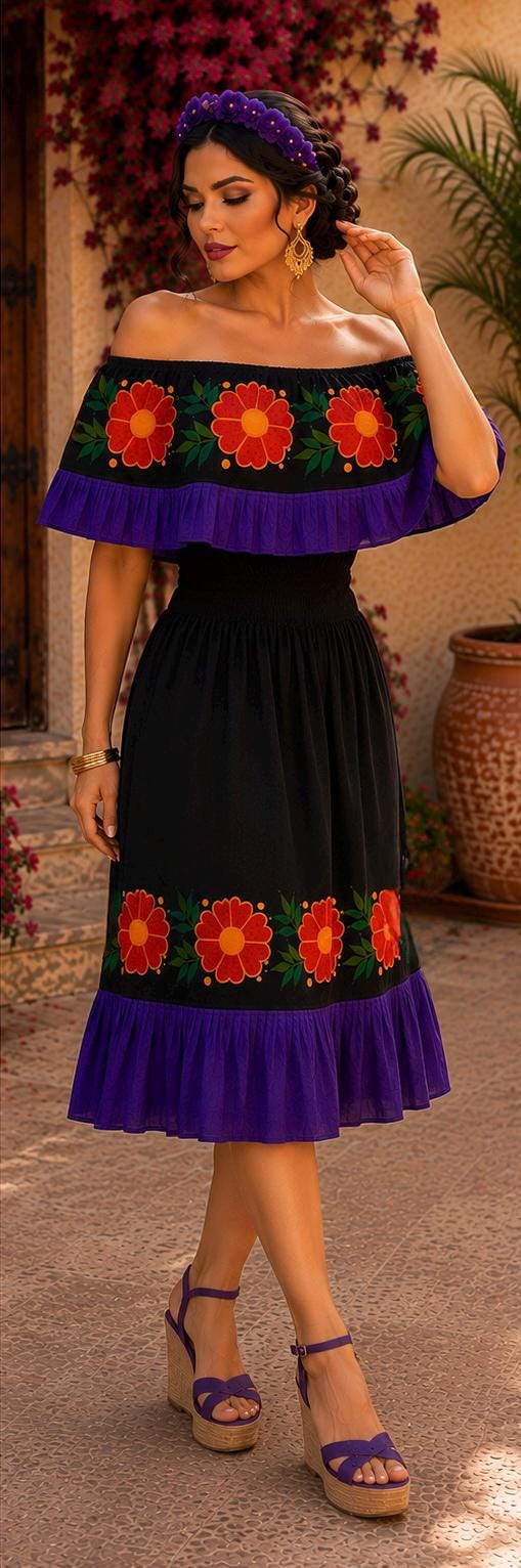 Image of Katrina - Authentic Mexican Embroidered Dress | Black & Purple Floral Folk Art Fiesta Wear