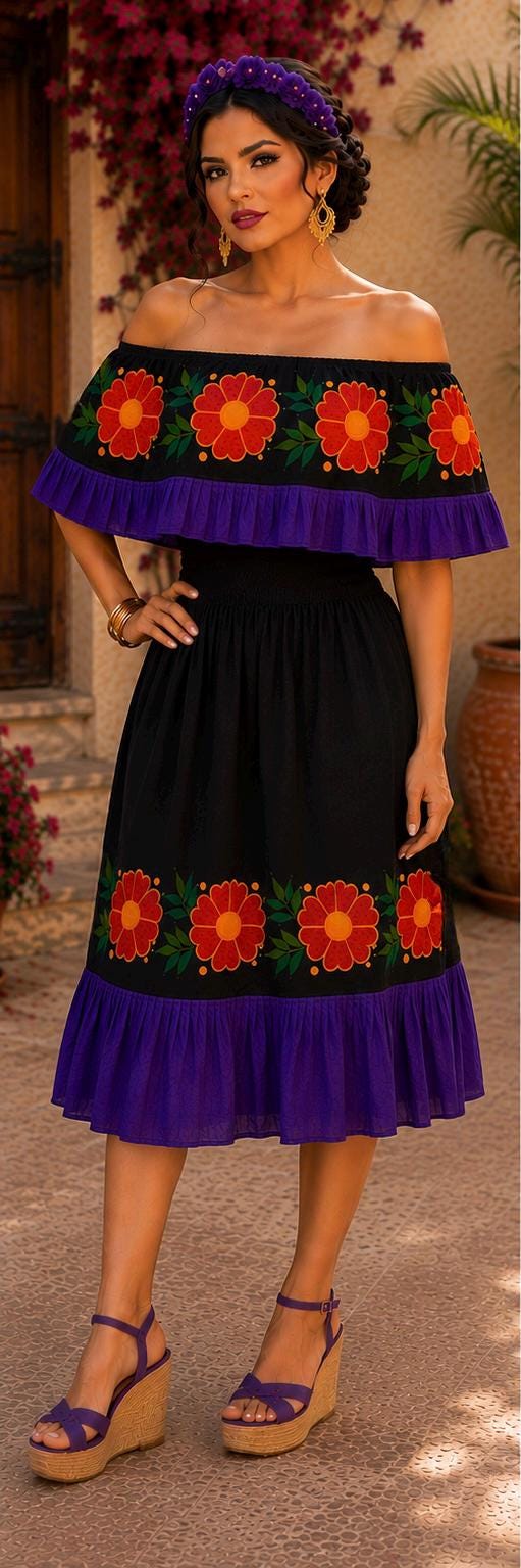 Image of Katrina - Authentic Mexican Embroidered Dress | Black & Purple Floral Folk Art Fiesta Wear