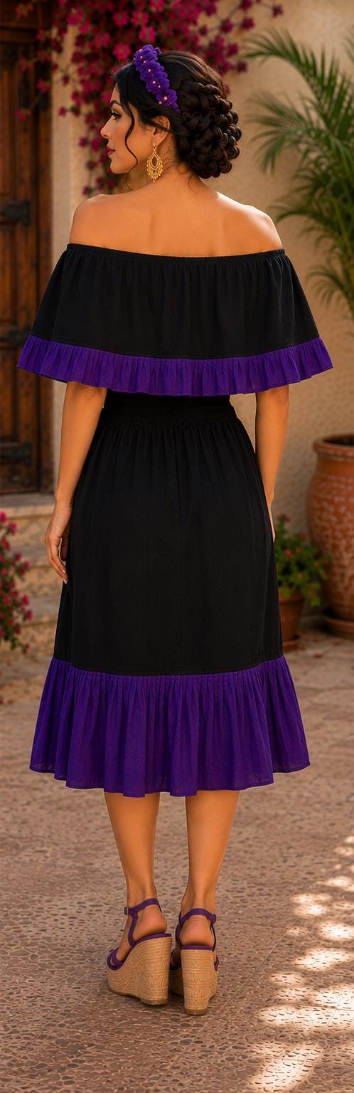 Image of Katrina - Authentic Mexican Embroidered Dress | Black & Purple Floral Folk Art Fiesta Wear