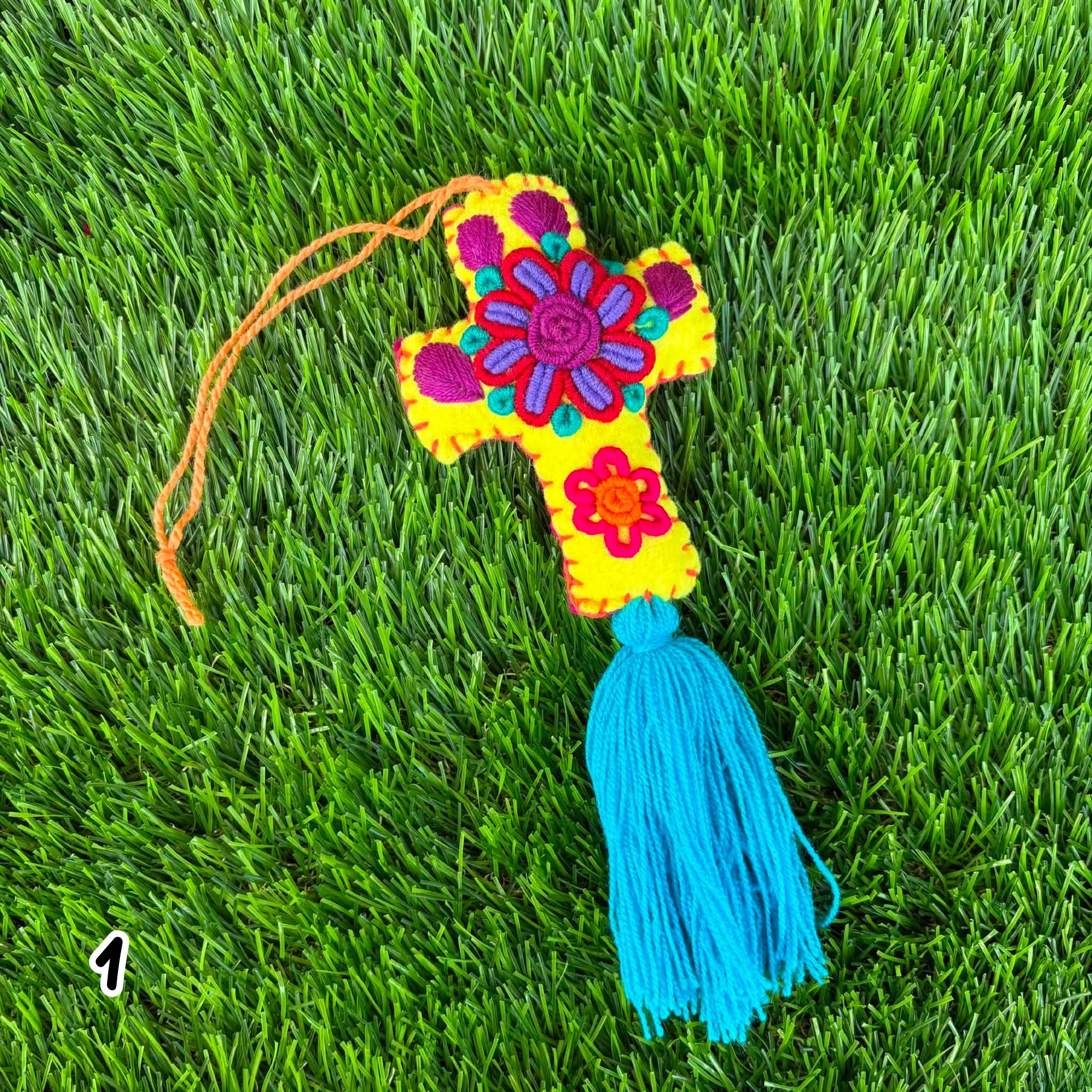 Image of Handmade Mexican Felt Embroidered Cross Bag Charm | Colorful Purse Tassel | Boho Bag Accessory | Rearview Mirror Charm | Gift Ideas