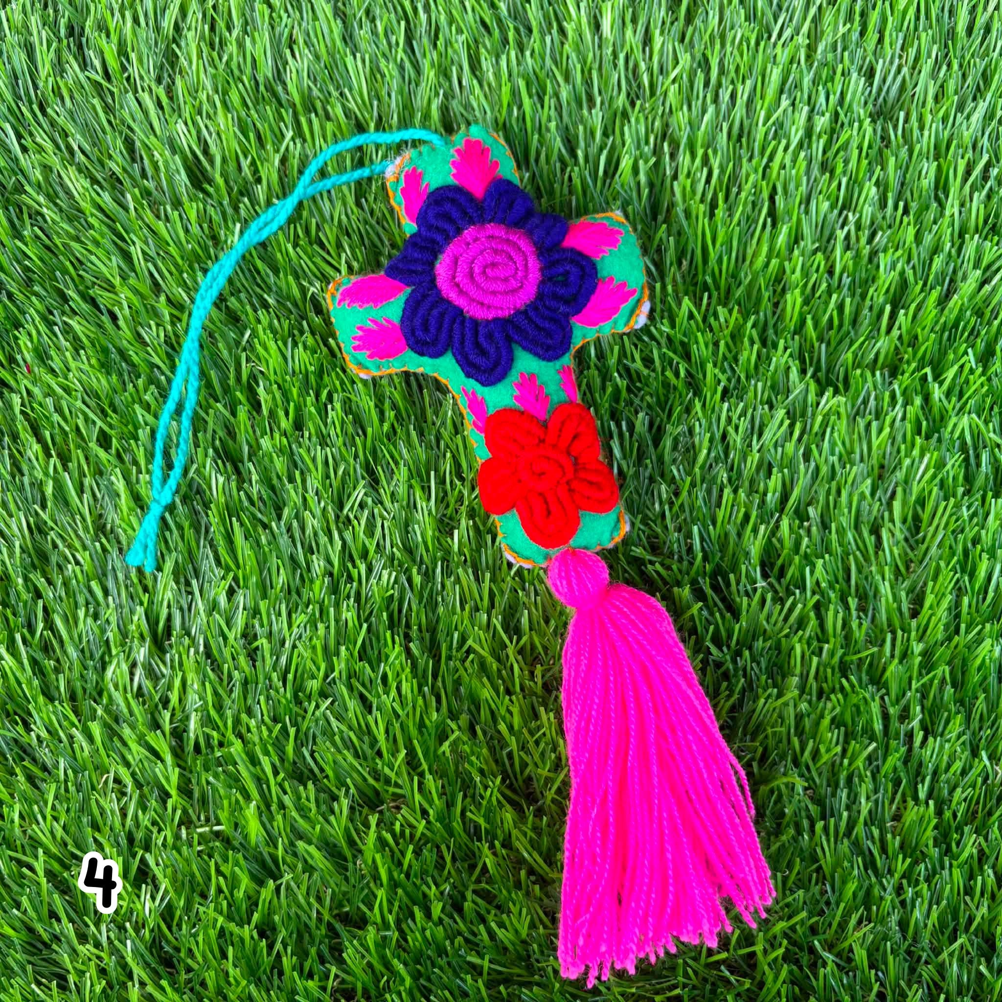 Image of Handmade Mexican Felt Embroidered Cross Bag Charm | Colorful Purse Tassel | Boho Bag Accessory | Rearview Mirror Charm | Gift Ideas