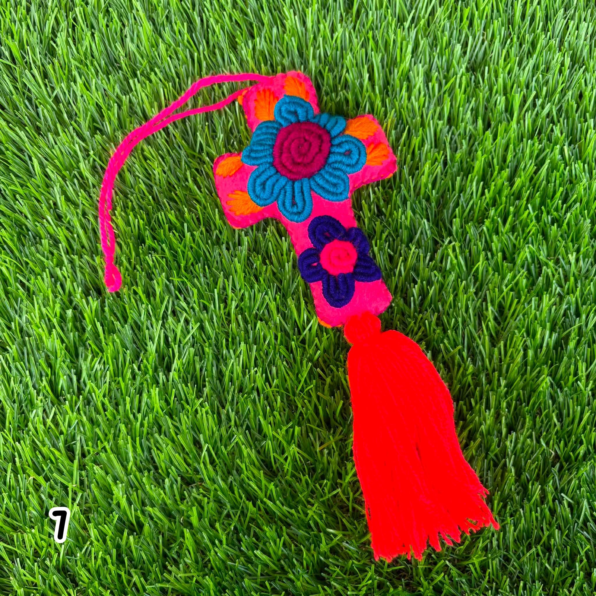 Image of Handmade Mexican Felt Embroidered Cross Bag Charm | Colorful Purse Tassel | Boho Bag Accessory | Rearview Mirror Charm | Gift Ideas