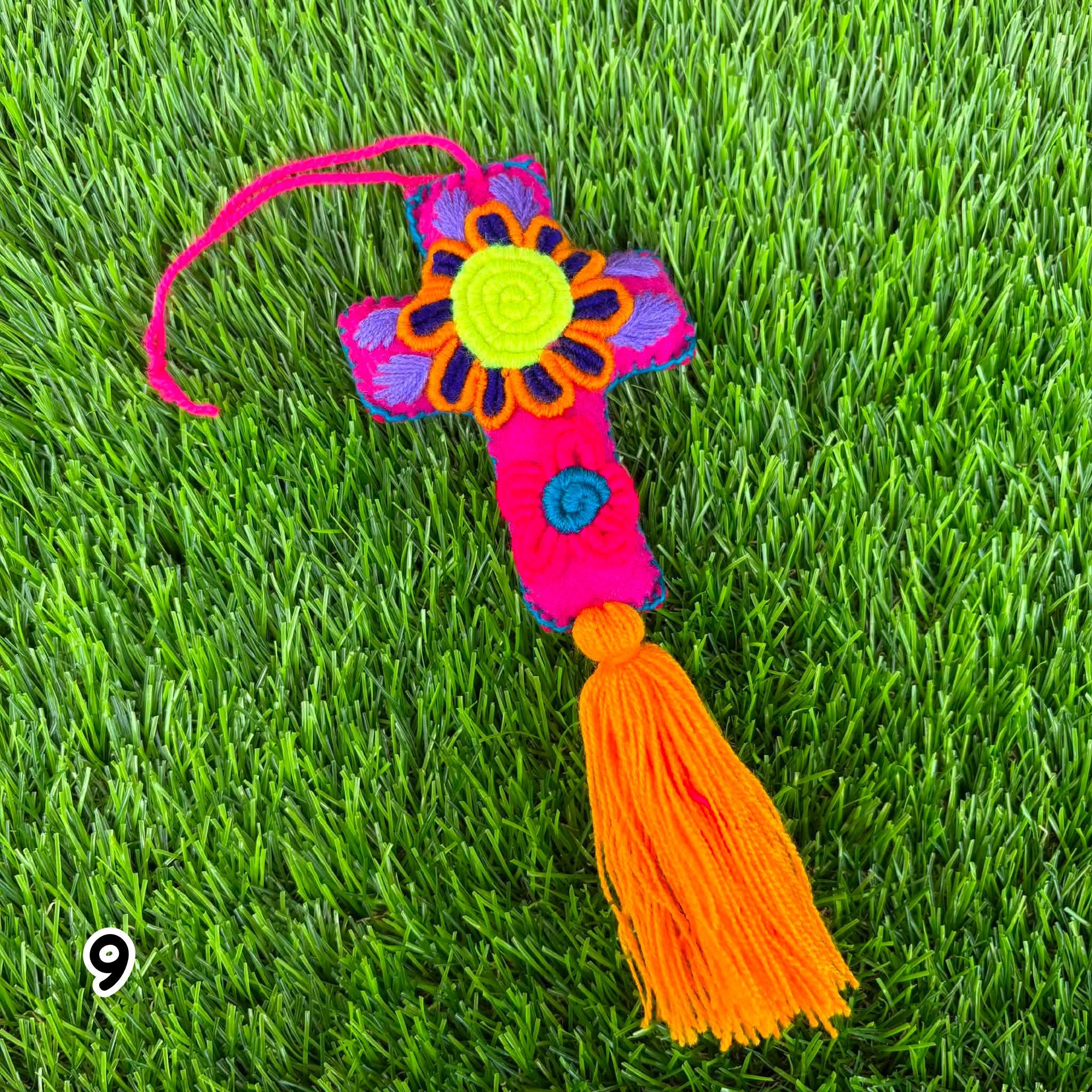 Image of Handmade Mexican Felt Embroidered Cross Bag Charm | Colorful Purse Tassel | Boho Bag Accessory | Rearview Mirror Charm | Gift Ideas