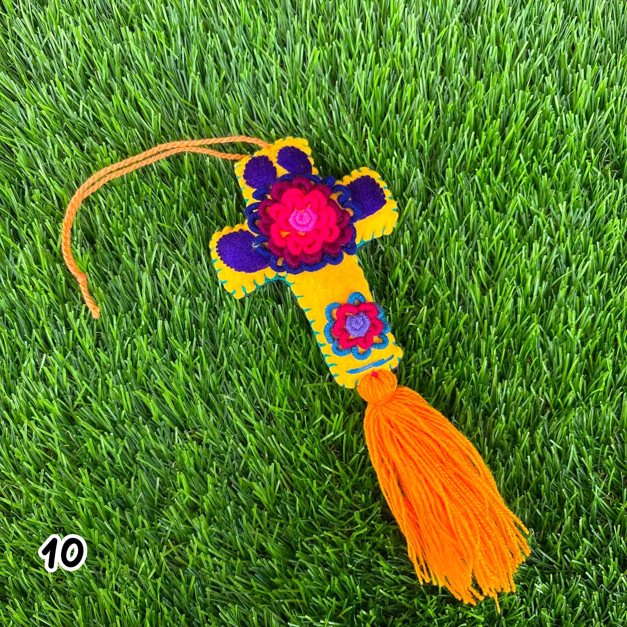 Image of Handmade Mexican Felt Embroidered Cross Bag Charm | Colorful Purse Tassel | Boho Bag Accessory | Rearview Mirror Charm | Gift Ideas