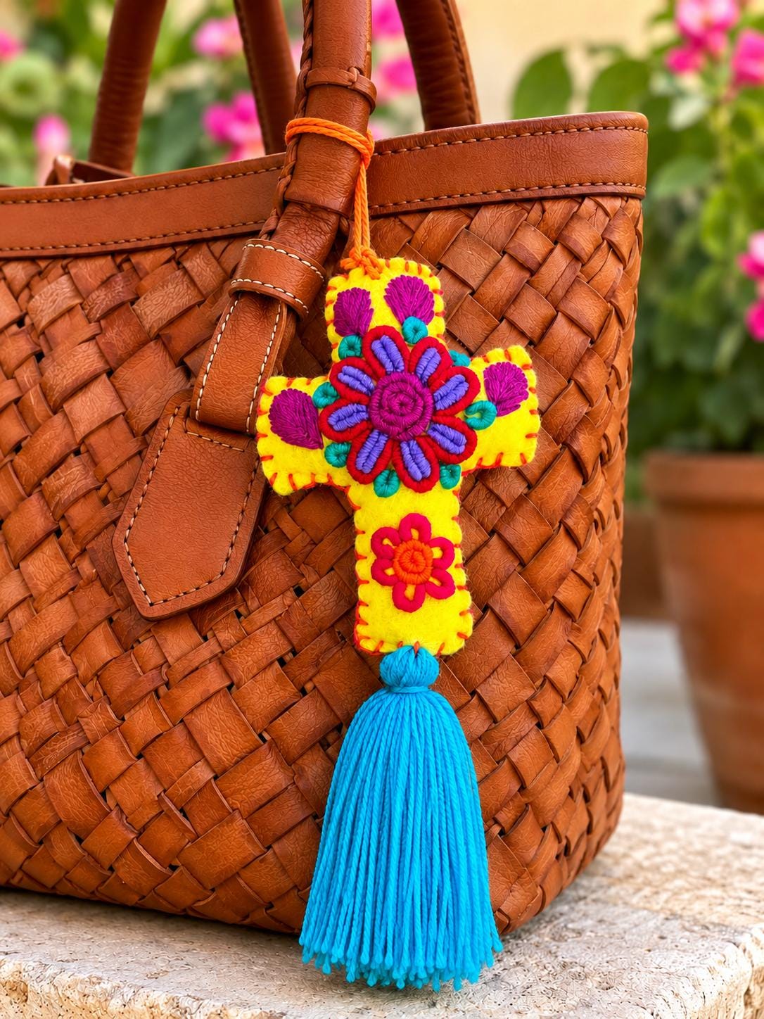 Image of Handmade Mexican Felt Embroidered Cross Bag Charm | Colorful Purse Tassel | Boho Bag Accessory | Rearview Mirror Charm | Gift Ideas