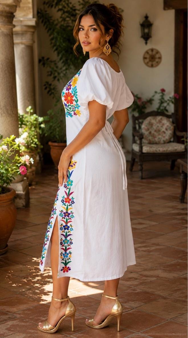 Image of Maggie-Beige – Authentic Embroidered Puebla Dress | Sleeveless Mexican Artisan Muslin Dress | Perfect for a Cocktail party