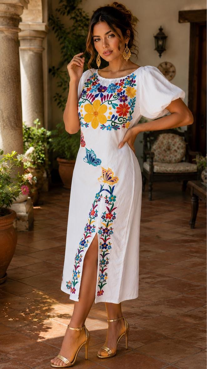 Image of Maggie-Beige – Authentic Embroidered Puebla Dress | Sleeveless Mexican Artisan Muslin Dress | Perfect for a Cocktail party