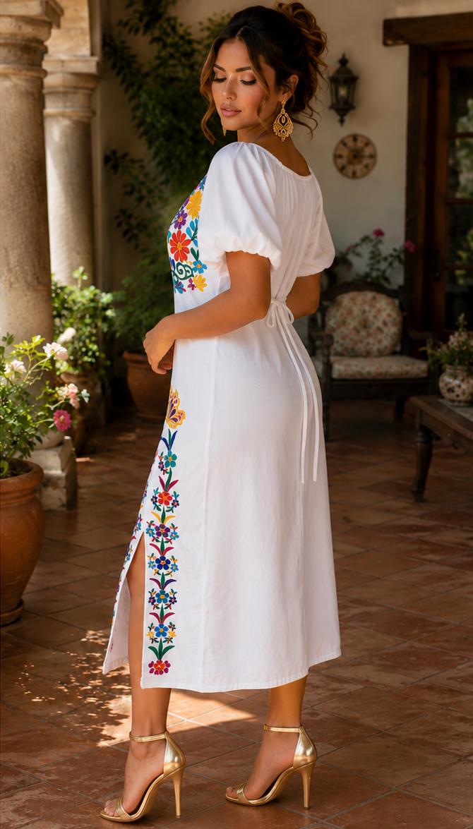 Image of Maggie-Beige – Authentic Embroidered Puebla Dress | Sleeveless Mexican Artisan Muslin Dress | Perfect for a Cocktail party
