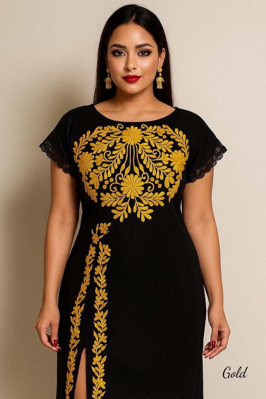 Image of May include: A black dress featuring short sleeves with black lace trim and a round neckline. The garment is decorated with vibrant gold floral embroidery across the chest and a vertical gold embroidered vine pattern along the side slit. The word Gold is printed in the bottom right corner.
