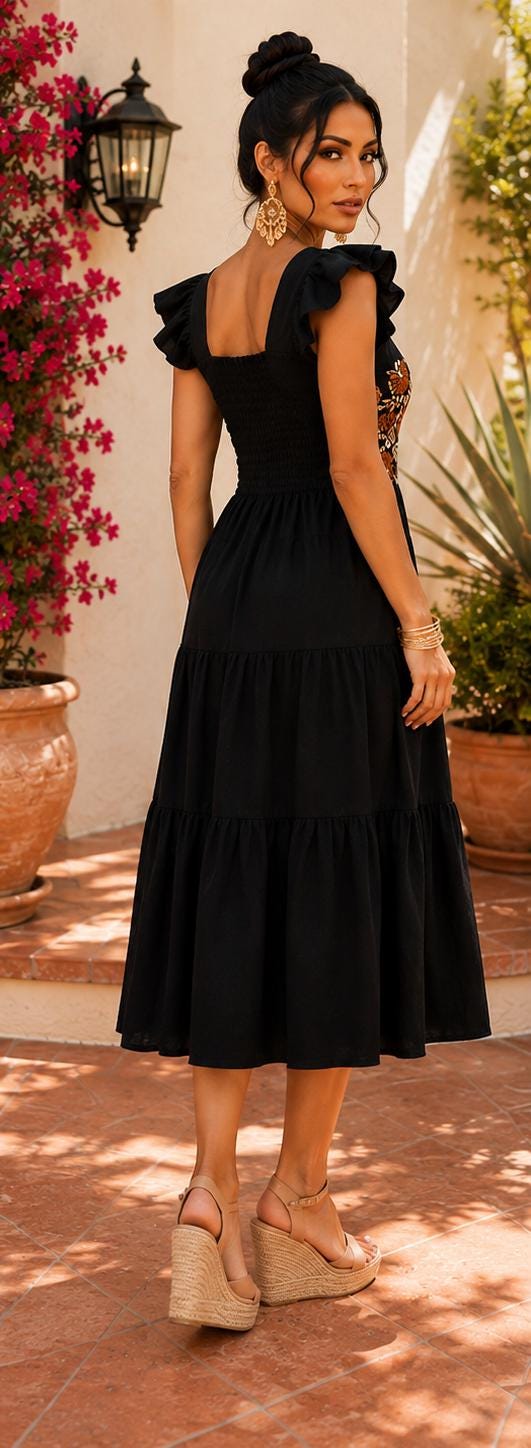Image of Monna Mexican Embroidered Dress Medium, Black Floral Midi Dress, Fiesta Wedding Guest Outfit, Oaxaca Style Cocktail Cruise Dress