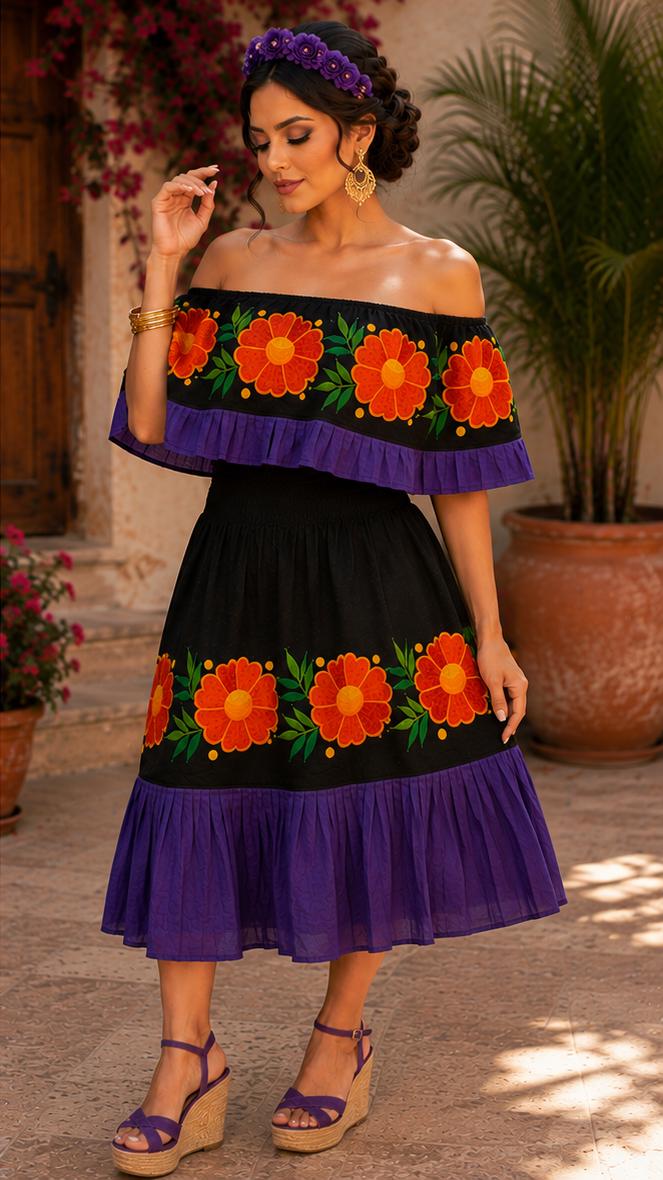 Image of Katrina - Authentic Mexican Embroidered Dress | Black & Purple Floral Folk Art Fiesta Wear