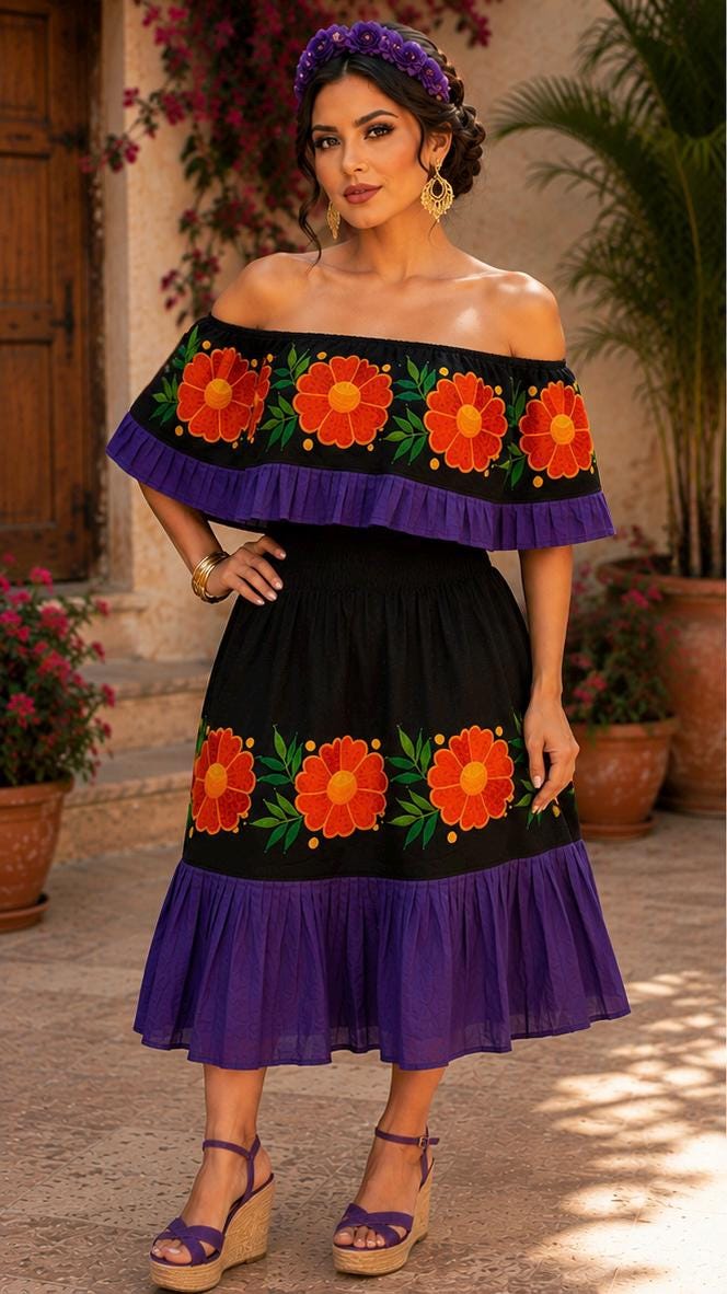 Image of Katrina - Authentic Mexican Embroidered Dress | Black & Purple Floral Folk Art Fiesta Wear