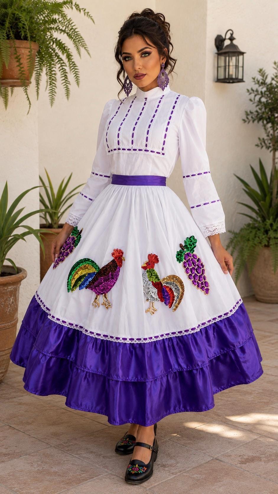 Image of Aguascalientes Folklorico Dress Small, Mexican Folk Dance Costume, Rooster Sequin Dress, Quinceañera Pageant Cultural Outfit